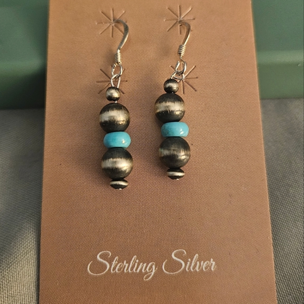 Sterling Silver Pearl & Turquoise Beaded Earrings